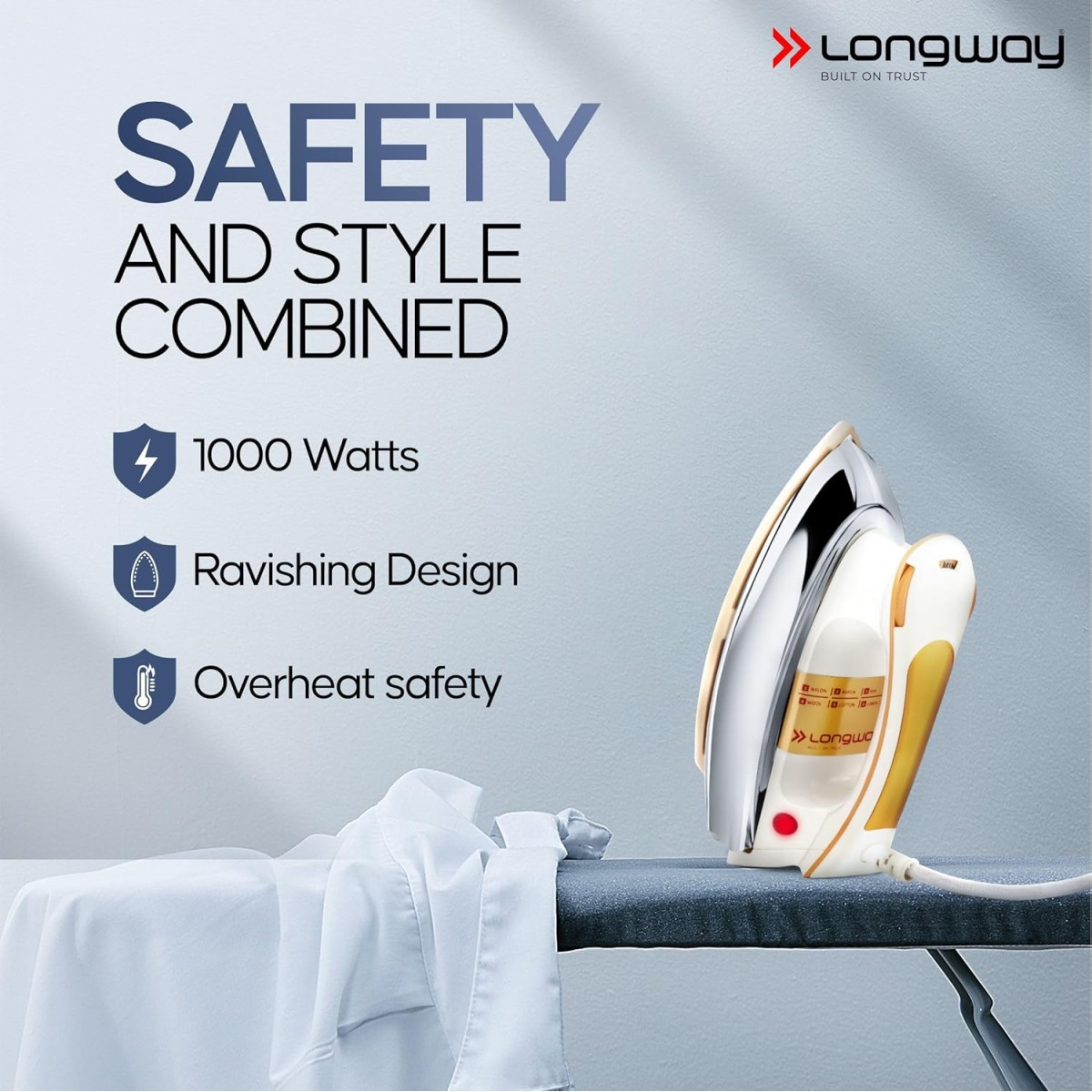 Longway Plancha Heavy Weight Non-Stick Teflon Coated Golden Soleplate Dry Iron, 6 Multi-Heat Setting, Electric Iron for Clothes | 2 Year Warranty| (1000 Watt, Ivory) Longway Plancha Heavy Weight Non-Stick Teflon Coated Golden Soleplate Dry Iron, 6 Multi-Heat Setting, Electric Iron for Clothes | 2 Year Warranty| (1000 Watt, Ivory)