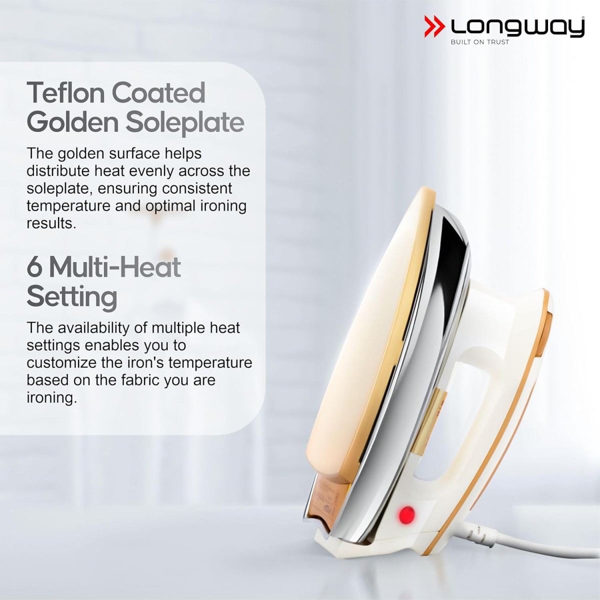 Longway Plancha Heavy Weight Non-Stick Teflon Coated Golden Soleplate Dry Iron, 6 Multi-Heat Setting, Electric Iron for Clothes | 2 Year Warranty| (1000 Watt, Ivory) Longway Plancha Heavy Weight Non-Stick Teflon Coated Golden Soleplate Dry Iron, 6 Multi-Heat Setting, Electric Iron for Clothes | 2 Year Warranty| (1000 Watt, Ivory)