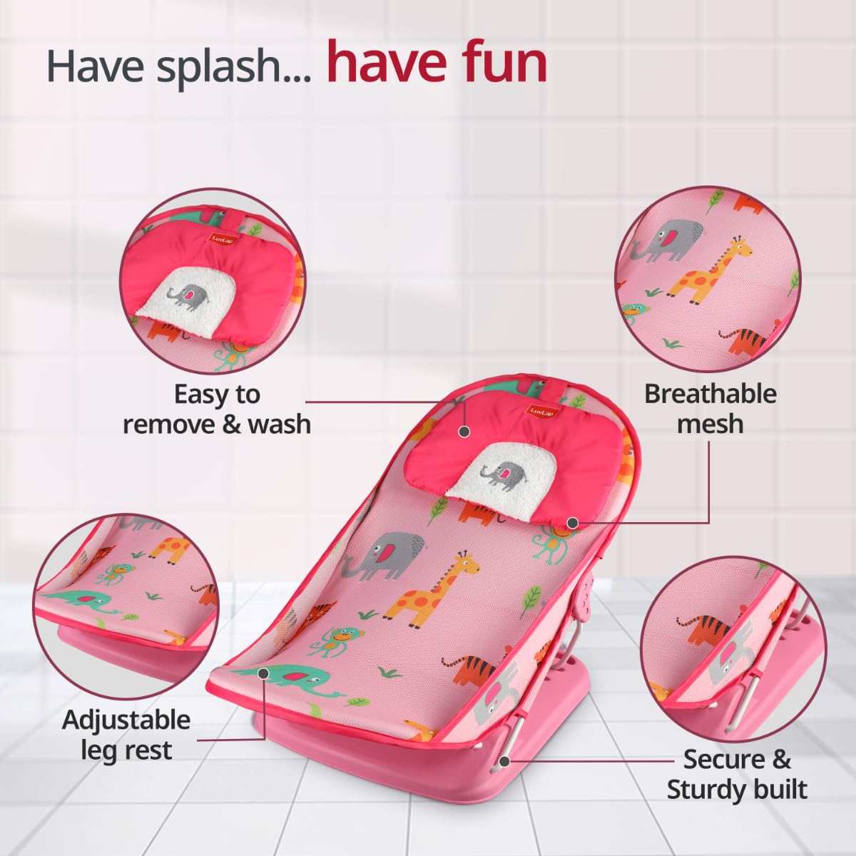 LuvLap Jungle Tales Baby Bather for Baby 3-12 Months, Baby Bath Chair, 3 Position Adjustable