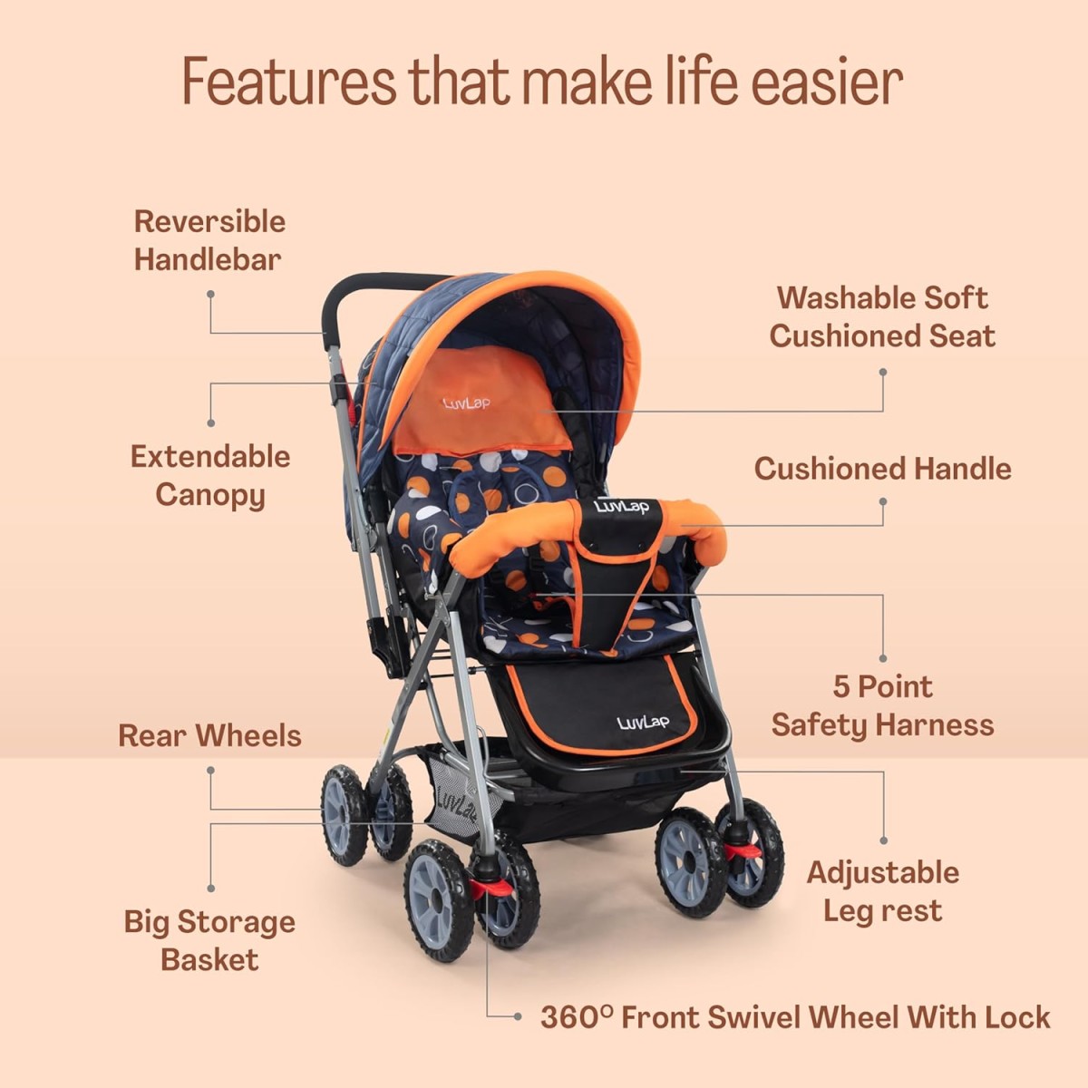LuvLap Sunshine Baby Stroller/Pram for 0 to 3 Years, New Born/Toddler/Kid, 5 Point Safety Harness, Adjustable backrest, 360° Swivel Wheel, Large Storage Basket, Reversible Handlebar (Orange)