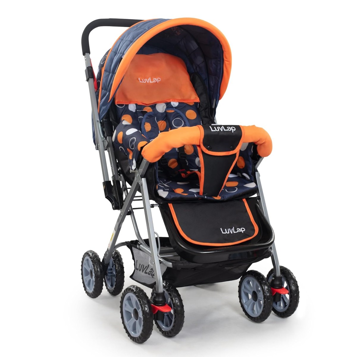 LuvLap Sunshine Baby Stroller/Pram for 0 to 3 Years, New Born/Toddler/Kid, 5 Point Safety Harness, Adjustable backrest, 360° Swivel Wheel, Large Storage Basket, Reversible Handlebar (Orange)