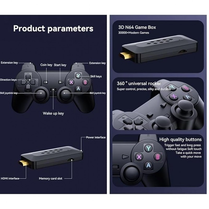 M33 Game Stick 37000+ INBUILT Video Game Console Retro Classic 3D 4K Full HD with 2 Wireless Gamepad Plug & Play Video Game 64GB