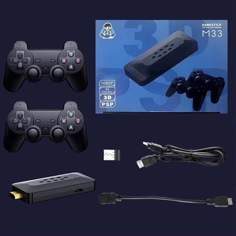 M33 Game Stick 37000+ INBUILT Video Game Console Retro Classic 3D 4K Full HD with 2 Wireless Gamepad Plug & Play Video Game 64GB