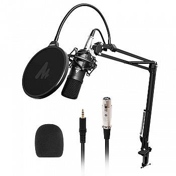 MAONO AU-A03 Condenser Microphone Kit Podcast Mic with Boom Arm Microphone Stand (Black)