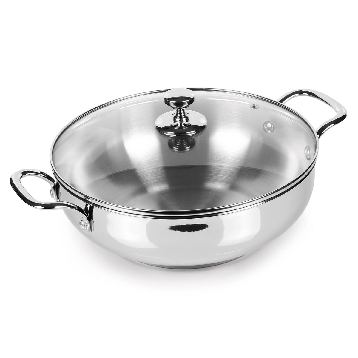 MILTON Pro cook Induction Cookware & Gas Stove Friendly Stainless Steel Kadhai with Glass Lid 24 cm | 2.71 Litre | Sandwich Bottom | Deep Frying | Fish Frying Pan | Durable Cookware