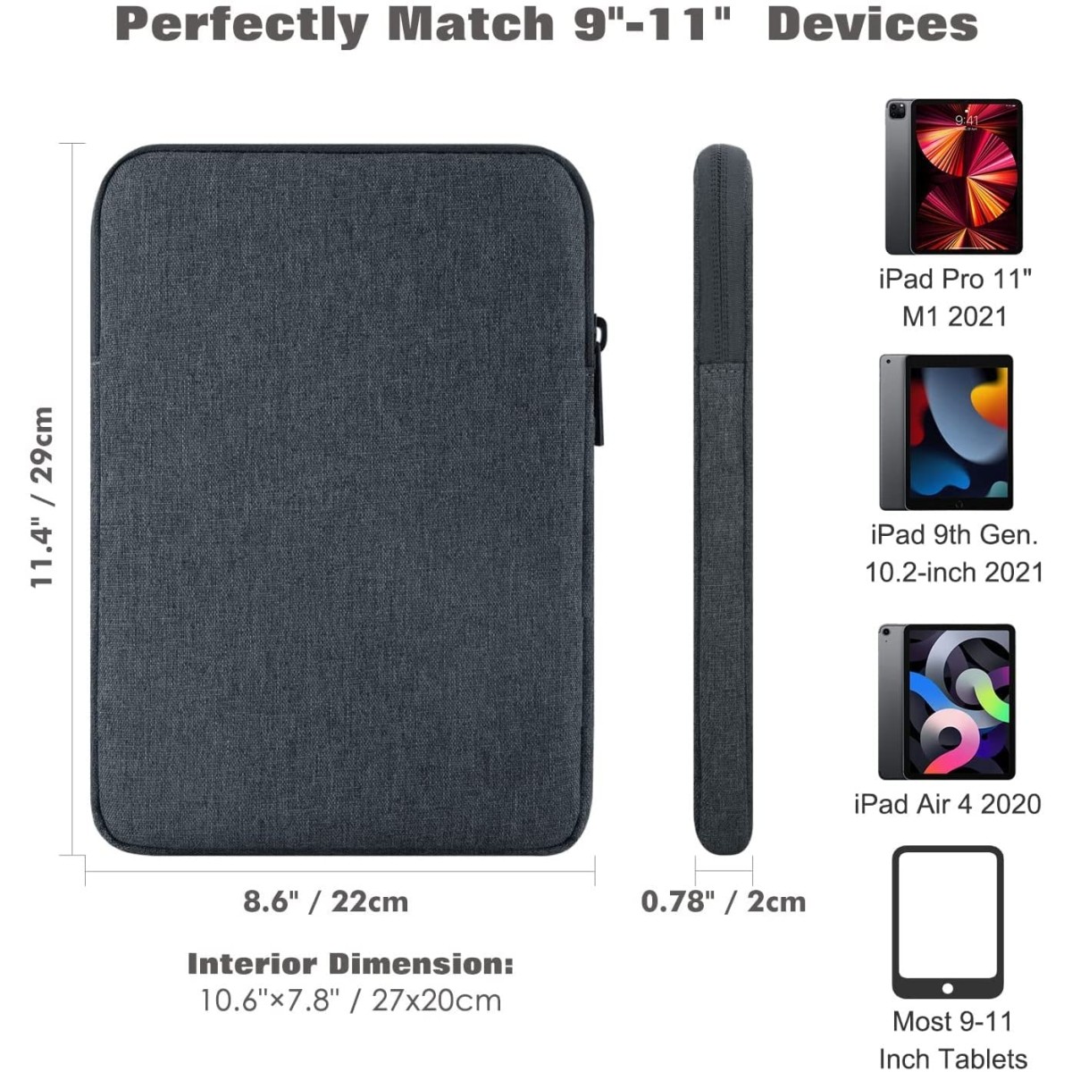 MOCA 9 to 11 Inch Tablet Sleeve Bag Carrying Case Fits iPad air 5 10.9" 2022, iPad Pro 11 2021-2018, iPad 9/8/7th Gen 10.2, iPad Air 4 10.9/Air 3 10.5, Tab S8 11"/Tab A 10.1 (27x20cm) (Space Grey)