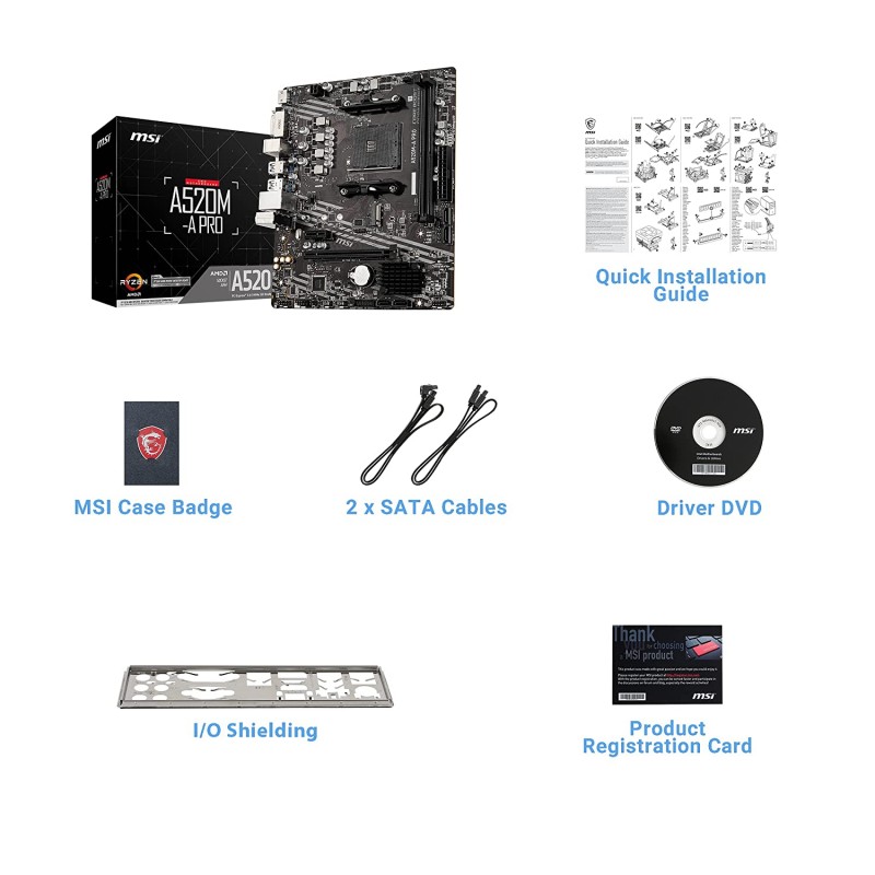 MSI A520M-A PRO Motherboard AMD Ryzen 3000 3rd Gen AM4 DDR4 M.2 USB 3.2 Gen 1 HDMI, Micro ATX