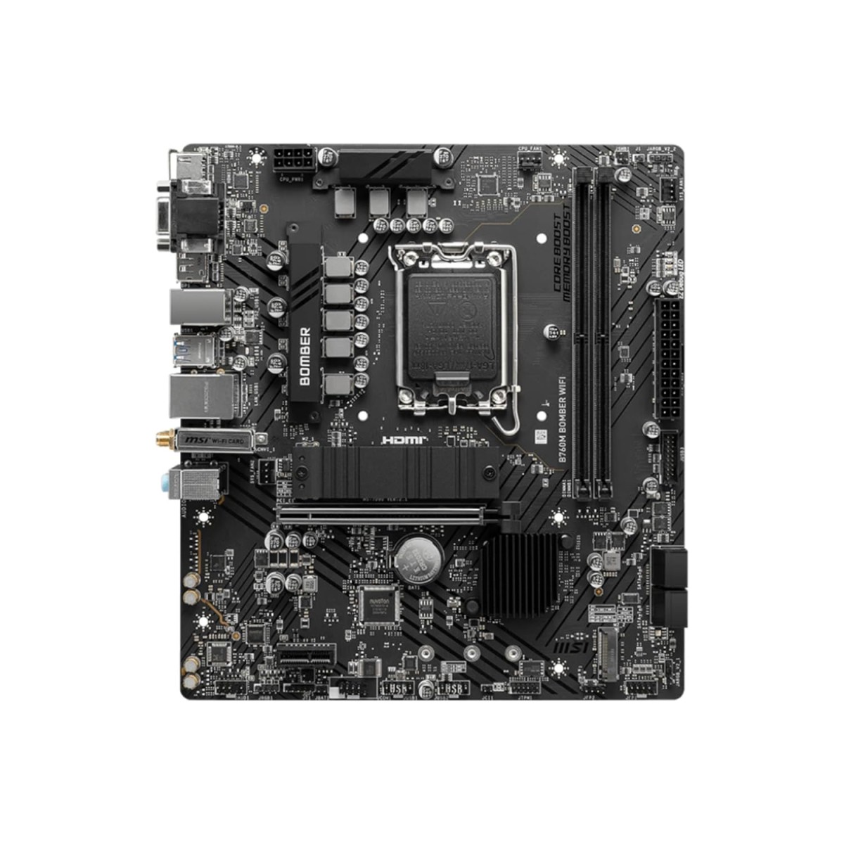 MSI B760M Bomber WiFi Motherboard, Micro-ATX - Supports 14th/13th/12th Gen Intel Core Processors, LGA 1700 - DDR5 Memory Boost 6400MHz/MAX, PCIe 4.0 x16 Slot, M.2 Gen4 Slot