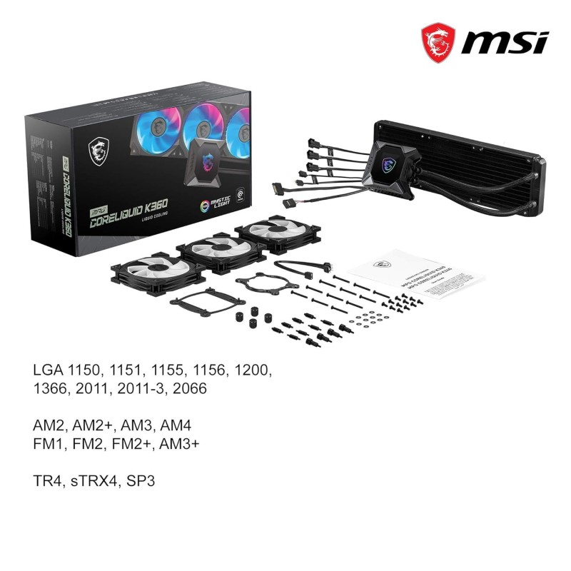 MSI MAG CORELIQUID K360 ARGB AIO CPU Liquid Cooler I Inter LGA 1150/1151/1155/1156/1200/1366/2011/2011-3/2066 I AMD AM4, FM2+, FM2, FM1, AM3+, AM3, AM2+, AM2, SocketTR4, sTRX4, SP3