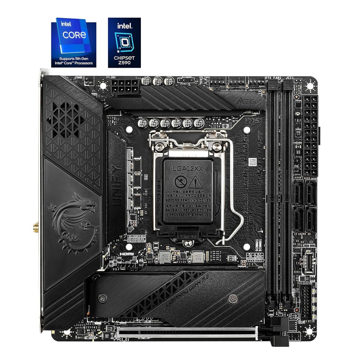 MSI MEG Z590I Unify Gaming Motherboard Mini-ITX - Supports Intel Core 11th Gen Processors, LGA 1200-8+1+1 Phase 90A SPS, DDR4 Boost (5600MHz/OC), PCIe 4.0 x16, 2 x M.2 Gen4/3 x4, Wi-Fi 6E MSI MEG Z590I Unify Gaming Motherboard Mini-ITX - Supports Intel Core 11th Gen Processors, LGA 1200-8+1+1 Phase 90A SPS, DDR4 Boost (5600MHz/OC), PCIe 4.0 x16, 2 x M.2 Gen4/3 x4, Wi-Fi 6E