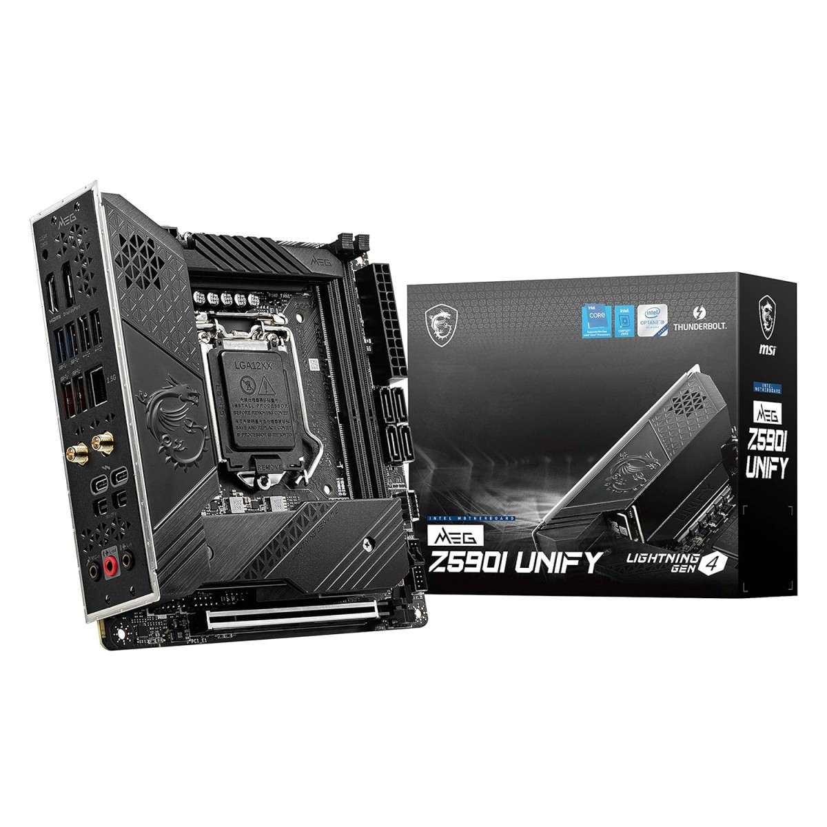 MSI MEG Z590I Unify Gaming Motherboard Mini-ITX - Supports Intel Core 11th Gen Processors, LGA 1200-8+1+1 Phase 90A SPS, DDR4 Boost (5600MHz/OC), PCIe 4.0 x16, 2 x M.2 Gen4/3 x4, Wi-Fi 6E MSI MEG Z590I Unify Gaming Motherboard Mini-ITX - Supports Intel Core 11th Gen Processors, LGA 1200-8+1+1 Phase 90A SPS, DDR4 Boost (5600MHz/OC), PCIe 4.0 x16, 2 x M.2 Gen4/3 x4, Wi-Fi 6E