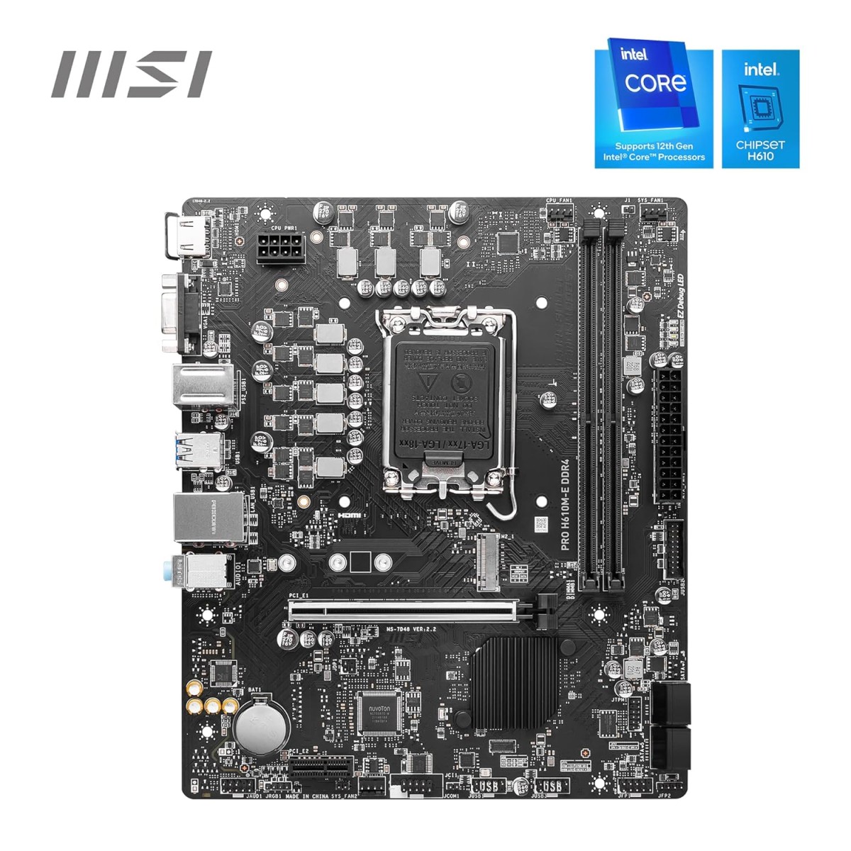 MSI PRO H610M-E DDR4 Motherboard, Micro-ATX - Supports 14th/13th/12th Gen Intel Core Processors, LGA 1700-2 x DIMMs (3200MHz), 1x PCIe 4.0 x16 Slot, 1 x M.2 Gen3, USB 3.2 Gen1, 1G LAN, HDMI 1.4 & VGA