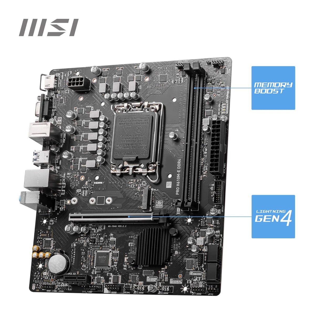 MSI PRO H610M-E DDR4 Motherboard, Micro-ATX - Supports 14th/13th/12th Gen Intel Core Processors, LGA 1700-2 x DIMMs (3200MHz), 1x PCIe 4.0 x16 Slot, 1 x M.2 Gen3, USB 3.2 Gen1, 1G LAN, HDMI 1.4 & VGA