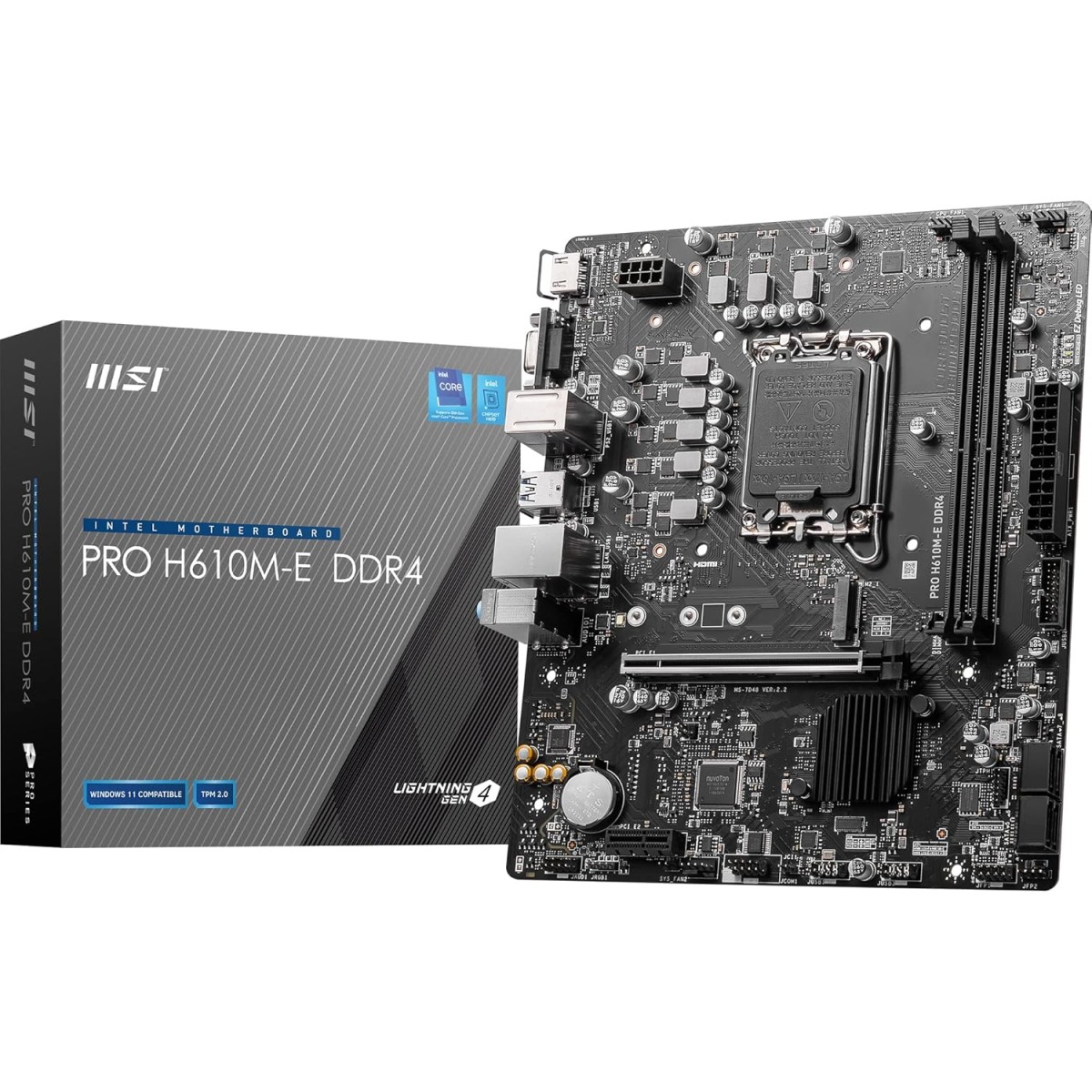 MSI PRO H610M-E DDR4 Motherboard, Micro-ATX - Supports 14th/13th/12th Gen Intel Core Processors, LGA 1700-2 x DIMMs (3200MHz), 1x PCIe 4.0 x16 Slot, 1 x M.2 Gen3, USB 3.2 Gen1, 1G LAN, HDMI 1.4 & VGA