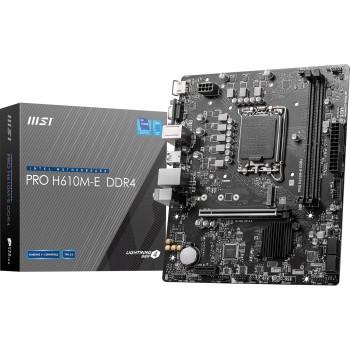 MSI PRO H610M-E DDR4 Motherboard, Micro-ATX - Supports 14th/13th/12th Gen Intel Core Processors, LGA 1700-2 x DIMMs (3200MHz), 1x PCIe 4.0 x16 Slot, 1 x M.2 Gen3, USB 3.2 Gen1, 1G LAN, HDMI 1.4 & VGA