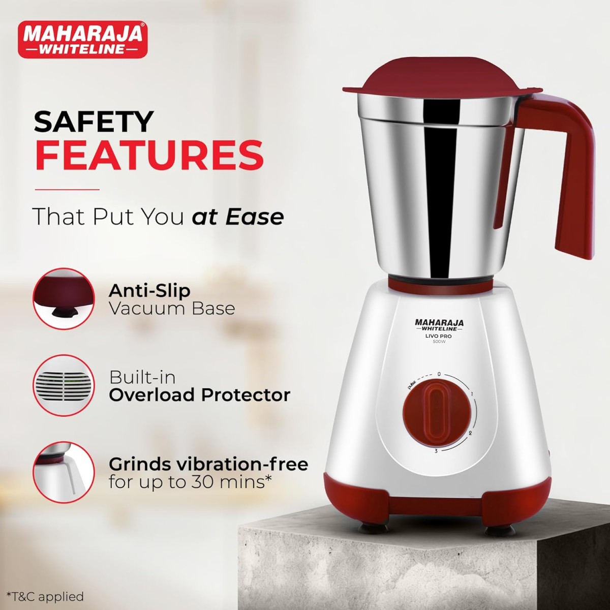 Maharaja Whiteline 500W Livo Pro Mixer Grinder with 3 Stainless Steel Jars with lid and 20,000 RPM Motor Speed (White & Cherry Red)