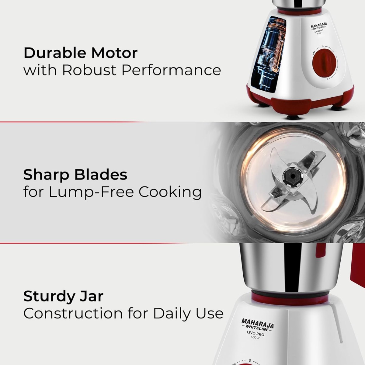 Maharaja Whiteline 500W Livo Pro Mixer Grinder with 3 Stainless Steel Jars with lid and 20,000 RPM Motor Speed (White & Cherry Red)