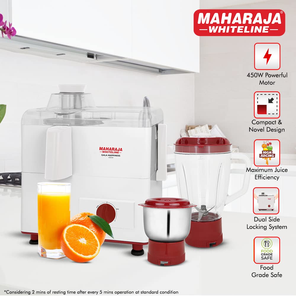 Maharaja Whiteline Gala Happiness Juicer Mixer Grinder With 2 Jars | Long Lasting Performance With 450 Watts| Food Grade Safe | High Grade Mesh For Efficient Juicing | 2 Year Warranty (White)