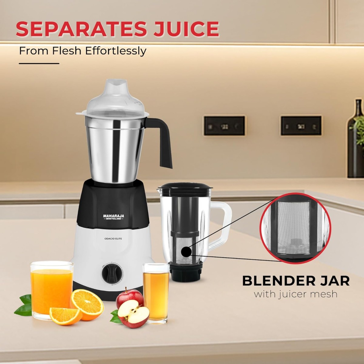 Maharaja Whiteline Odacio Elite Mixer Grinder With 4 Jars | 750 Watt | 20,000 RMP Motor | Stainless Steel Blade | 2 Years Warranty | Black & White