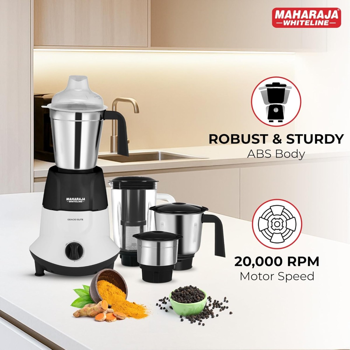 Maharaja Whiteline Odacio Elite Mixer Grinder With 4 Jars | 750 Watt | 20,000 RMP Motor | Stainless Steel Blade | 2 Years Warranty | Black & White