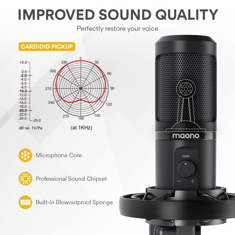 Maono AU-PM461S USB Condenser Mic for PC and Singing, ALL-IN-ONE Microphone Kit with Mic Gain, Boom Arm, Pop Filter for YouTube Recording, Gaming, Podcasting