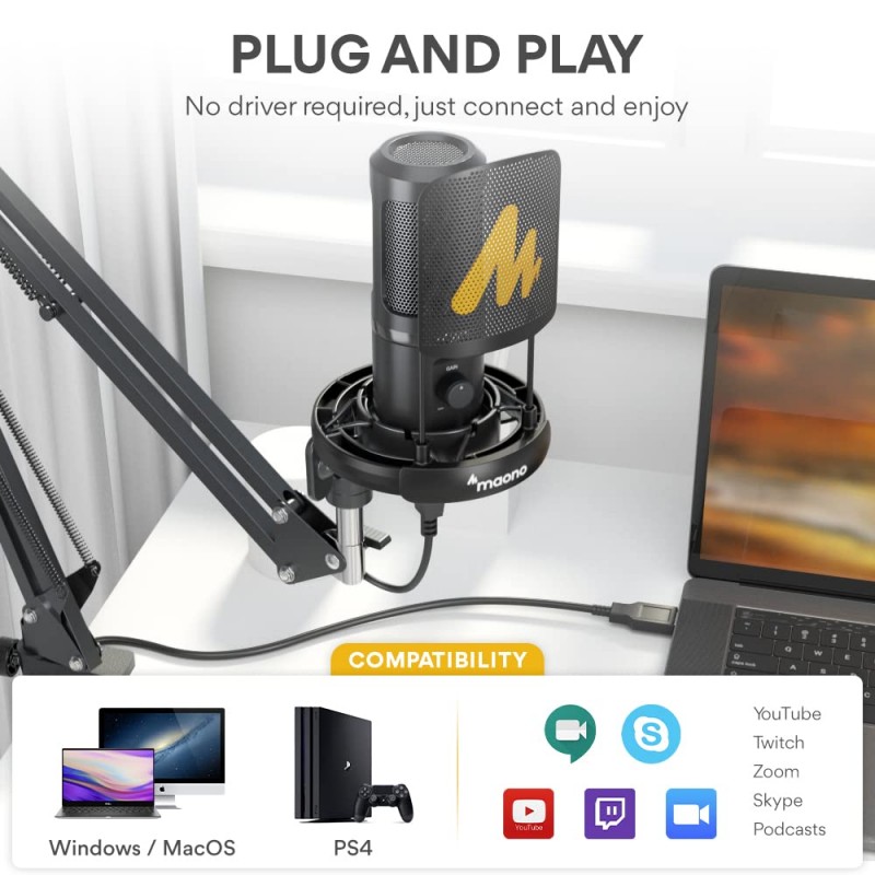 Maono AU-PM461S USB Condenser Mic for PC and Singing, ALL-IN-ONE Microphone Kit with Mic Gain, Boom Arm, Pop Filter for YouTube Recording, Gaming, Podcasting