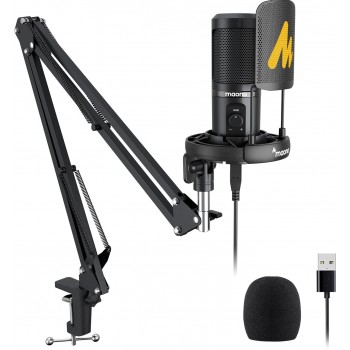 Maono AU-PM461S USB Condenser Mic for PC and Singing, ALL-IN-ONE Microphone Kit with Mic Gain, Boom Arm, Pop Filter for YouTube Recording, Gaming, Podcasting