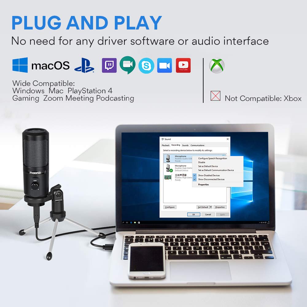 Maono AU-PM461TR USB Condenser Mic for PC and Singing, Recording Microphone with Mic