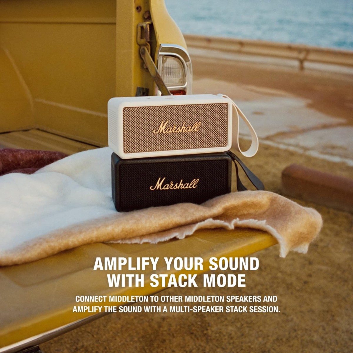 Marshall Middleton Portable Bluetooth Speaker with 20+ Hours of Portable Playtime, 360° Sound, Dust & Waterproof (IP67) - Black & Brass. Marshall Middleton Portable Bluetooth Speaker with 20+ Hours of Portable Playtime, 360° Sound, Dust & Waterproof (IP67) - Black & Brass.