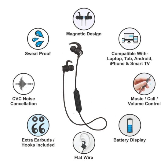 Matlek Bluetooth Earphone Wireless Headphone Neckband Earbud with Mic Sweat Proof (Black)