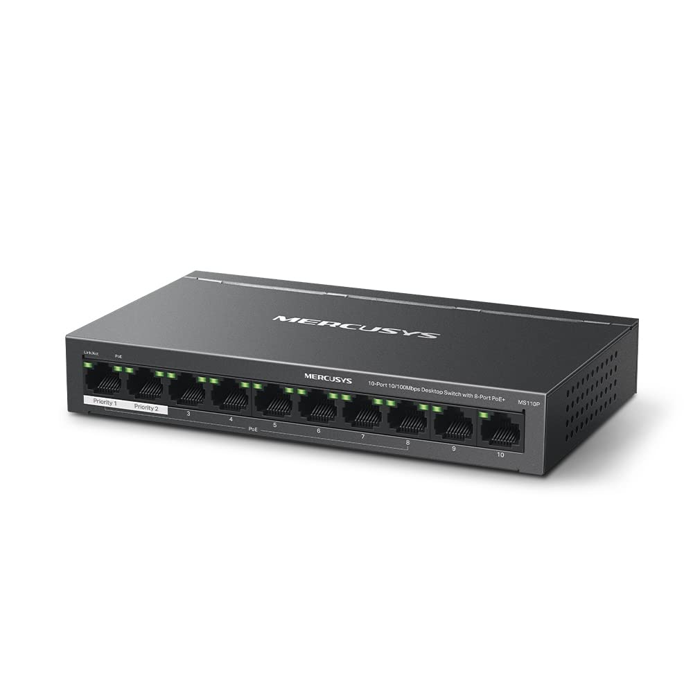 Mercusys MS110P 10-Port 10/100Mbps Desktop Switch with 8-Port PoE+ Network Hub|Works with IEEE 802.3af/at Compliant PDs|PoE Auto Recovery | Plug and Play| Durable Metal Casing
