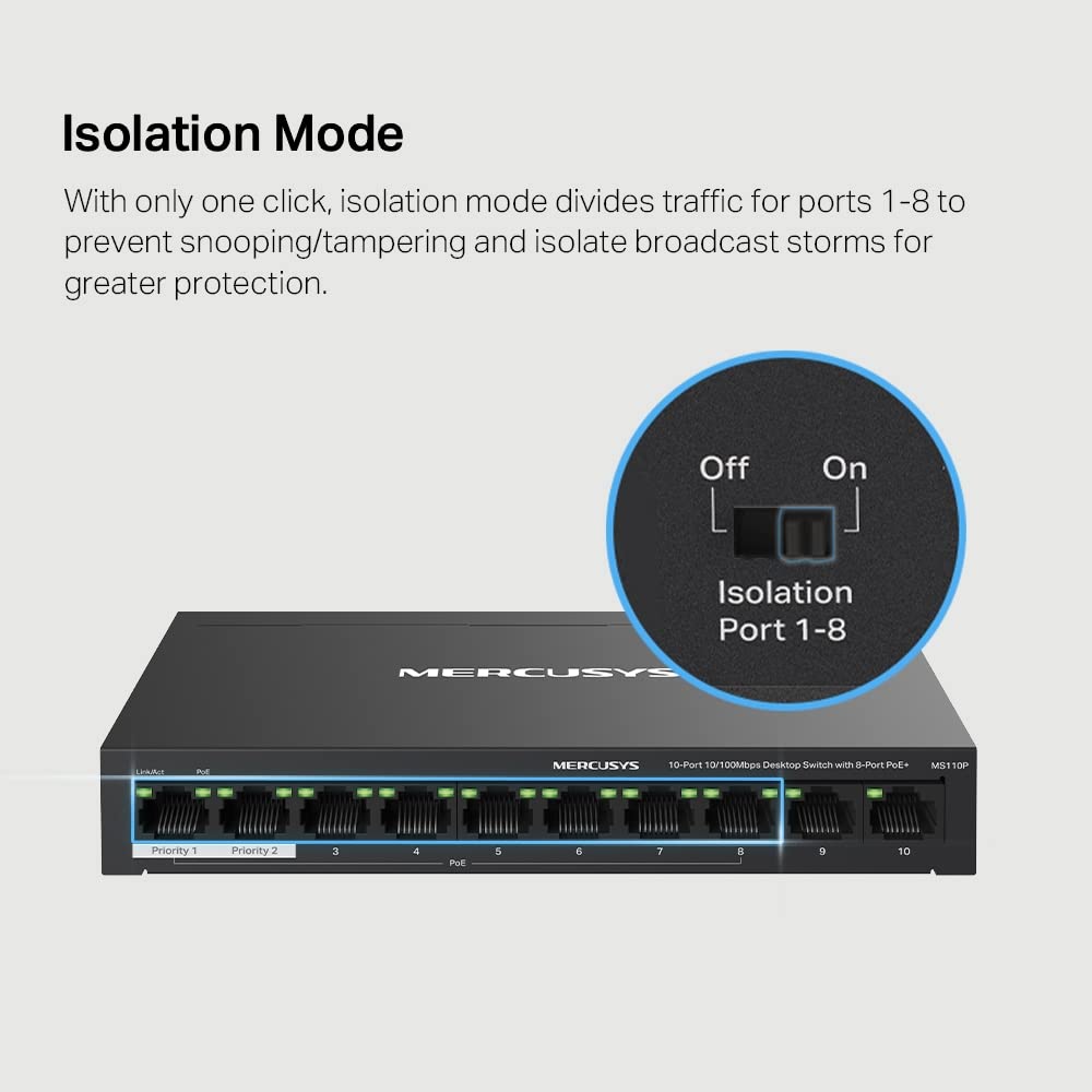 Mercusys MS110P 10-Port 10/100Mbps Desktop Switch with 8-Port PoE+ Network Hub|Works with IEEE 802.3af/at Compliant PDs|PoE Auto Recovery | Plug and Play| Durable Metal Casing