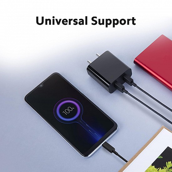 Mi 18W Dual Port Charger (Mi/Xiaomi/Redmi Charger, Fast Data Transfer, Qualcomm Quick Charge 3.0, BIS Certified, Strong and Compact Design, 5V-3A/9V-2A/12W-1.5A, Double Port Output)