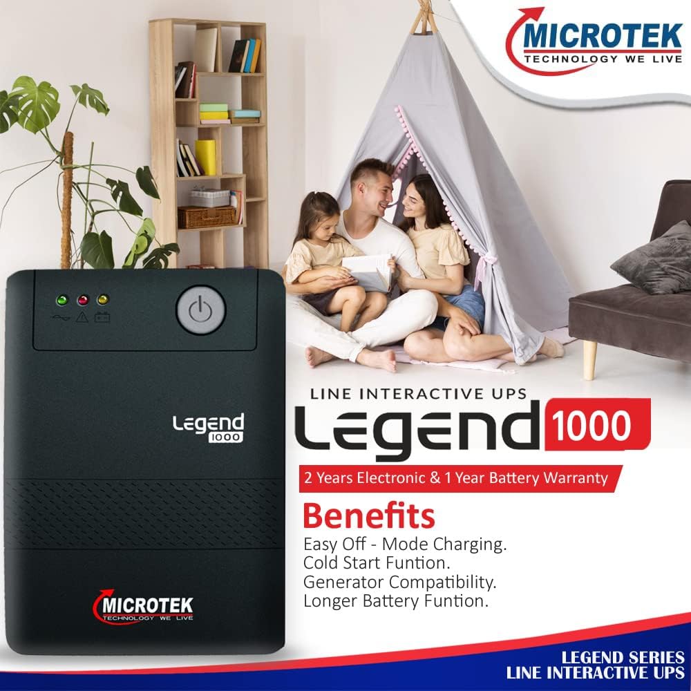 Microtek Legend 1000 Line Interactive UPS 1000VA/600W | Wide Input 140-300V | Buck/Boost AVR | Auto Restart | Generator Compatible | for Desktop, CCTV & Broadcast Studio (Pack of 1) Microtek Legend 1000 Line Interactive UPS 1000VA/600W | Wide Input 140-300V | Buck/Boost AVR | Auto Restart | Generator Compatible | for Desktop, CCTV & Broadcast Studio (Pack of 1)