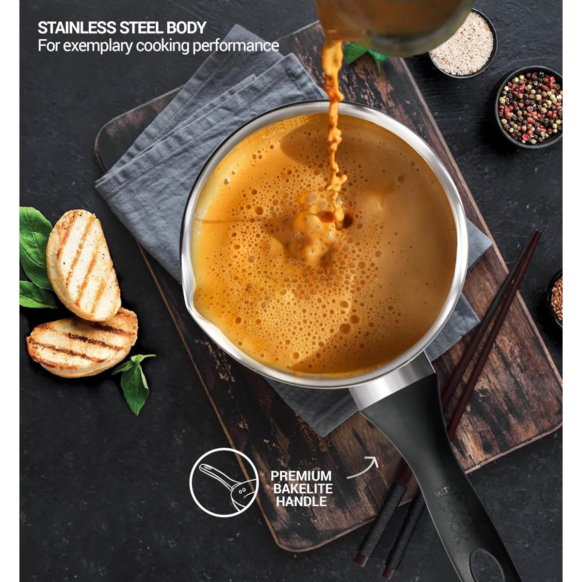 Milton Pro Cook Induction Cookware & Gas Stove Friendly Stainless Steel Tea Pan 16 cm | 1.6 Litre | Sandwich Bottom Sauce Pan | Chai Pot | Milk Boiler with Handle | 2 Year Warranty