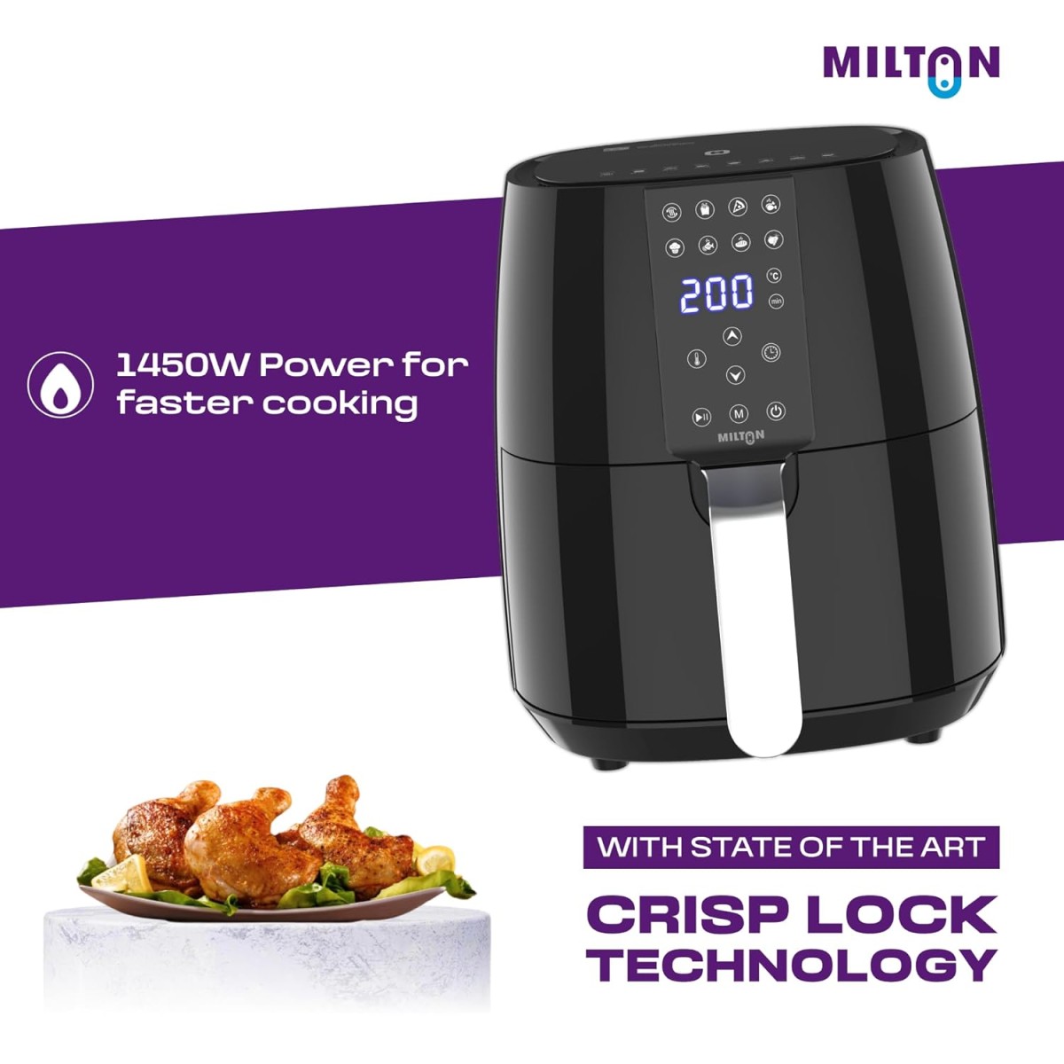 Milton Rapid Digital Air Fryer 4.2L | 1450W | 360° High Speed Air Circulation | Up to 90% Less Oil Usage | 8 Preset Menus | Touch Control Panel & Digital Display | Auto Shut-Off | 1 Year Warranty