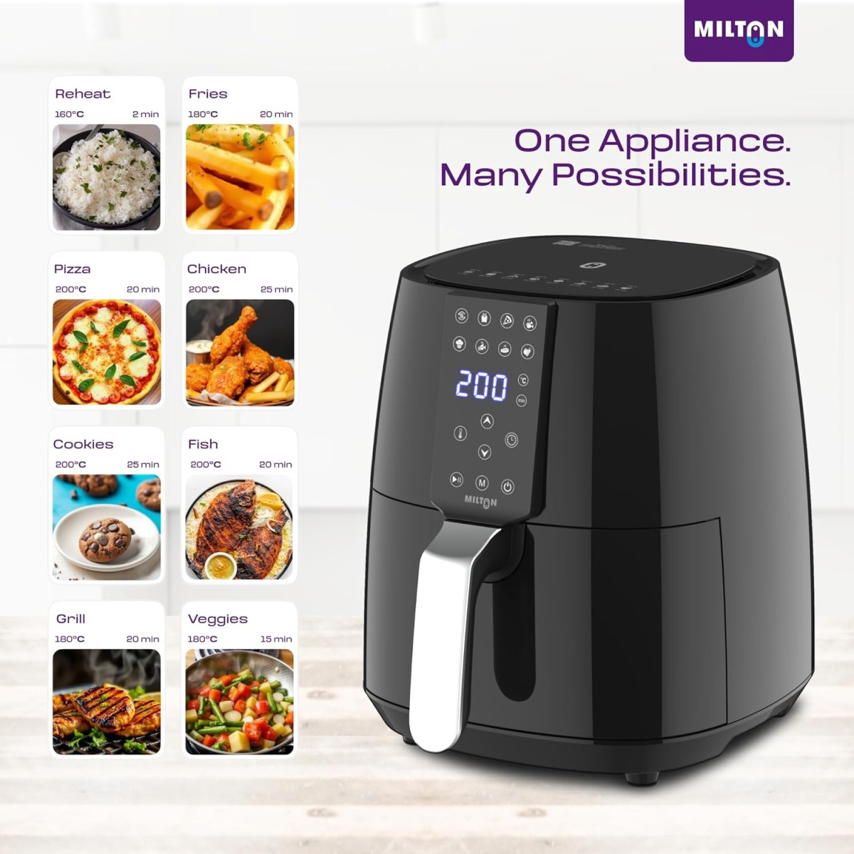 Milton Rapid Digital Air Fryer 4.2L | 1450W | 360° High Speed Air Circulation | Up to 90% Less Oil Usage | 8 Preset Menus | Touch Control Panel & Digital Display | Auto Shut-Off | 1 Year Warranty