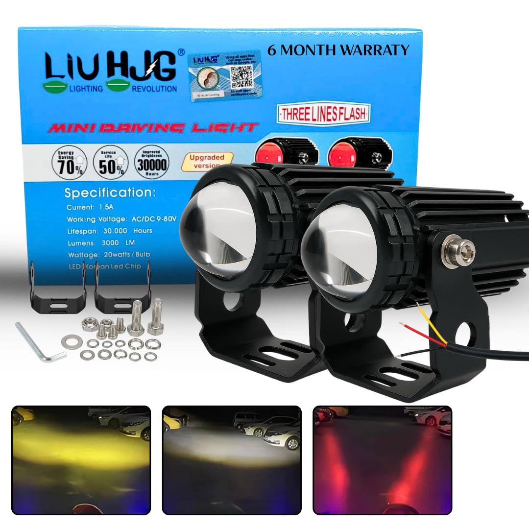 Mini Drive V3 LED Fog Light Yellow/White with Flashing Red Devil Eye DRL | Compact Design | Universal Fit for Bike & Car | Waterproof | High Brightness | 40W | 9V–80V Pack of 2