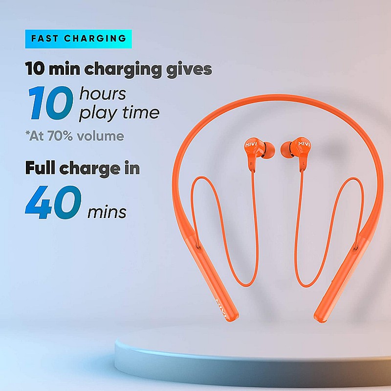 Mivi Collar 2B Bluetooth Wireless in Ear Earphones, 24 Hours Playtime, IPX7 Water Proof, Booming Bass, Magnetic Buds, Bluetooth 5.0 with mic (Orange)