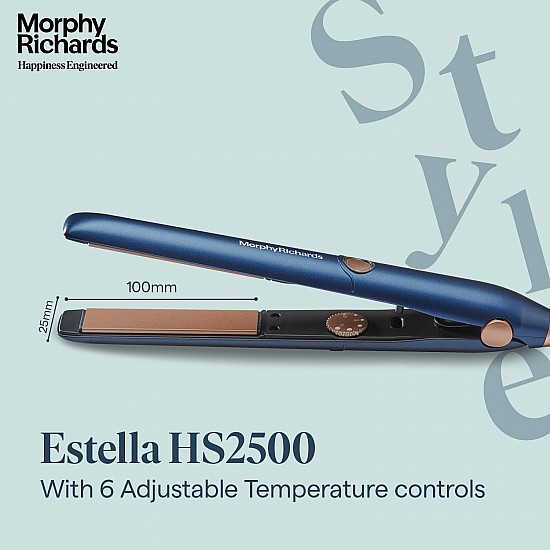 Morphy Richards Estella Hs2500 Temp Control Hair Straightener|5 Temp Settings 120-220°C|Keratin Ceramic Plates|Frizzfree and Silky Hair|Long Plates For Quick Straightening|Travel Friendly| 2-Yr Warranty By Brand|Blue & Rosegold|Gift for Her