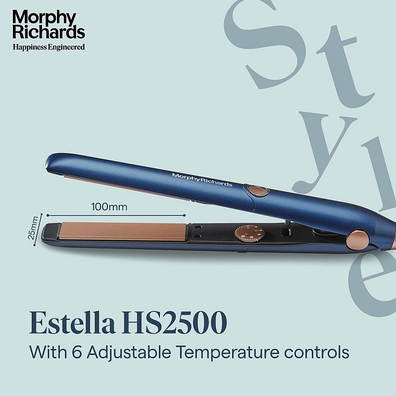 Morphy Richards Estella Hs2500 Temp Control Hair Straightener|5 Temp Settings 120-220°C|Keratin Ceramic Plates|Frizzfree and Silky Hair|Long Plates For Quick Straightening|Travel Friendly| 2-Yr Warranty By Brand|Blue & Rosegold|Gift for Her