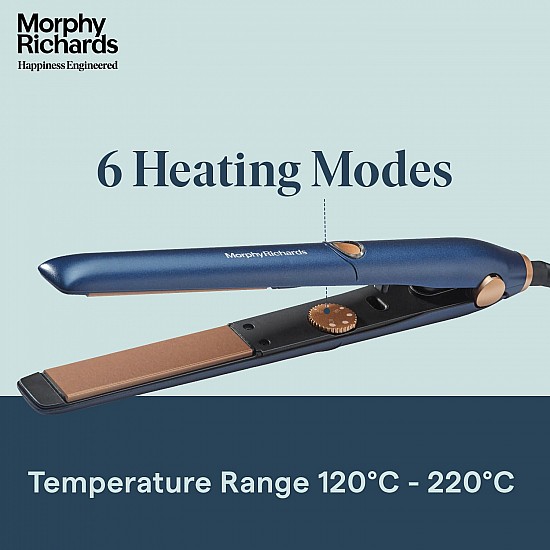 Morphy Richards Estella Hs2500 Temp Control Hair Straightener|5 Temp Settings 120-220°C|Keratin Ceramic Plates|Frizzfree and Silky Hair|Long Plates For Quick Straightening|Travel Friendly| 2-Yr Warranty By Brand|Blue & Rosegold|Gift for Her