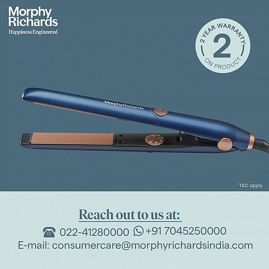 Morphy Richards Estella Hs2500 Temp Control Hair Straightener|5 Temp Settings 120-220°C|Keratin Ceramic Plates|Frizzfree and Silky Hair|Long Plates For Quick Straightening|Travel Friendly| 2-Yr Warranty By Brand|Blue & Rosegold|Gift for Her