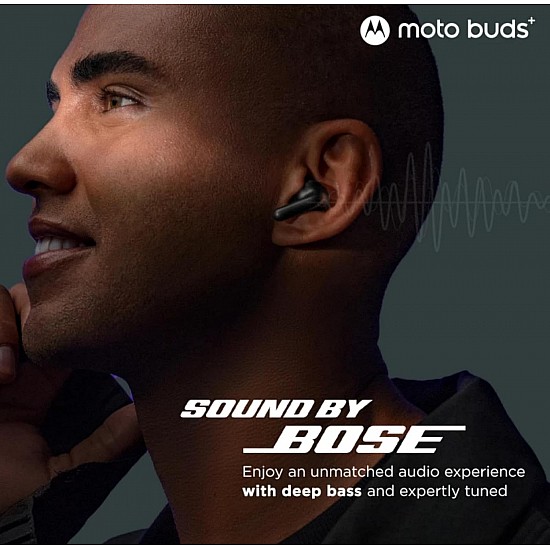 Moto Buds+|Sound by Bose, Dual Dynamic Drivers, 48dB ANC, Head Tracking Bluetooth Headset (Beach Sand, True Wireless)