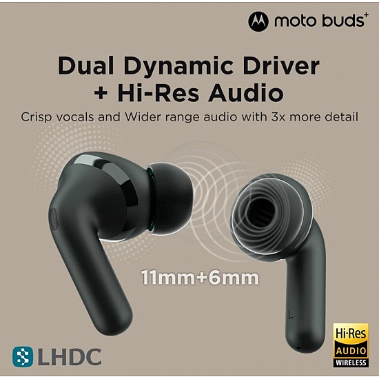 Moto Buds+|Sound by Bose, Dual Dynamic Drivers, 48dB ANC, Head Tracking Bluetooth Headset (Beach Sand, True Wireless)