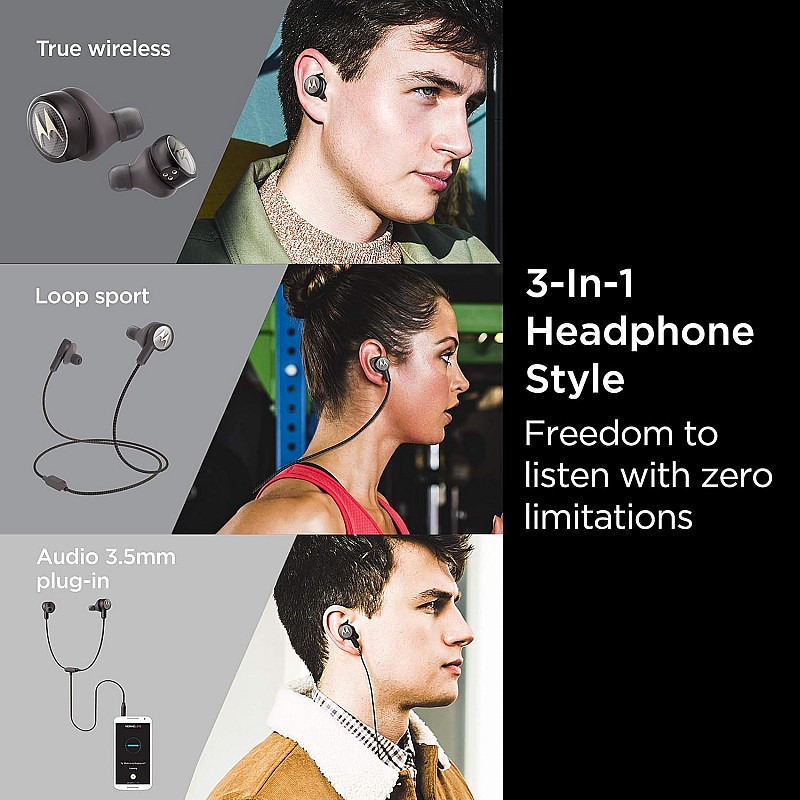 Motorola Tech3 3-in-1 Smart True Wireless Headphones - Cordless Earbuds, Sport Wire, Audio Plug-in - Sweatproof, Built-in Microphone, Charging Case with Cable Storage System - Mocha-Bronze