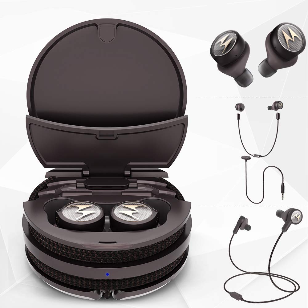 Motorola Tech3 3-in-1 Smart True Wireless Headphones - Cordless Earbuds, Sport Wire, Audio Plug-in - Sweatproof, Built-in Microphone, Charging Case with Cable Storage System - Mocha-Bronze Motorola Tech3 3-in-1 Smart True Wireless Headphones - Cordless Earbuds, Sport Wire, Audio Plug-in - Sweatproof, Built-in Microphone, Charging Case with Cable Storage System - Mocha-Bronze