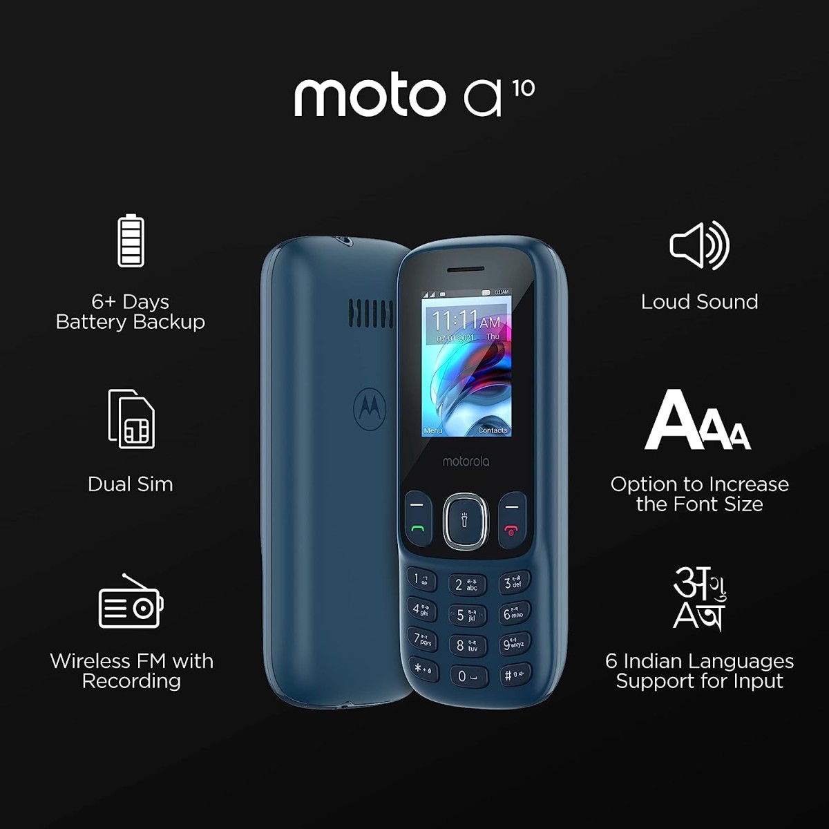 Motorola a10 Dual Sim keypad Mobile with 1750 mAh Battery, Expandable Storage Upto 32GB, Wireless FM with Recording-Dark Blue Motorola a10 Dual Sim keypad Mobile with 1750 mAh Battery, Expandable Storage Upto 32GB, Wireless FM with Recording-Dark Blue