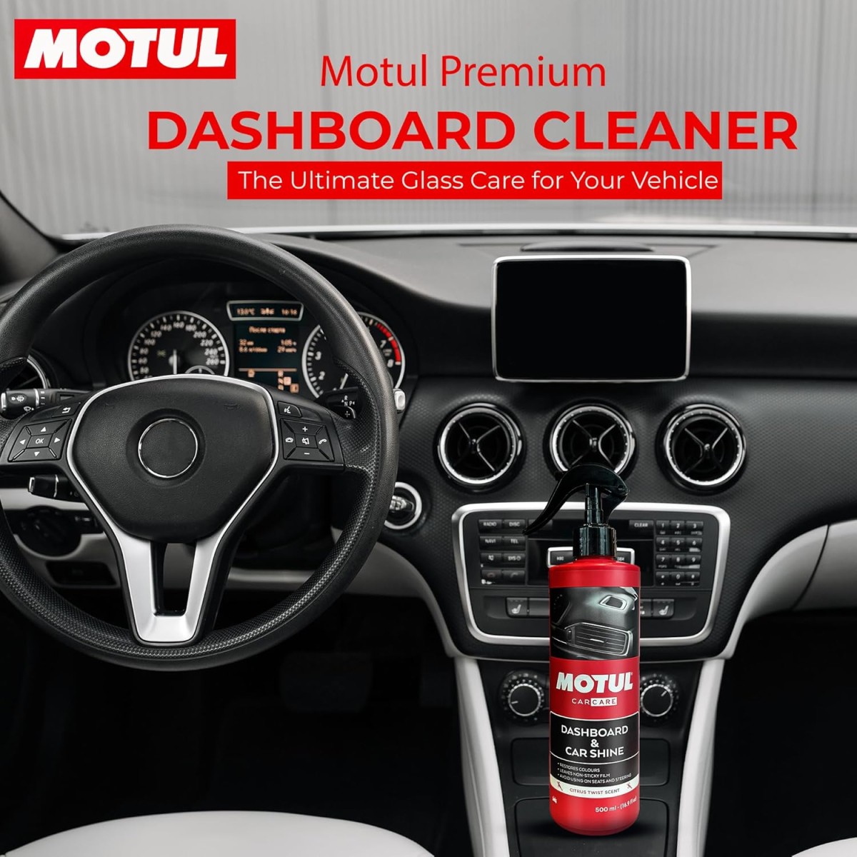 Motul Dashboard & Car Shine 500 ml|Polish for Interior Plastic, Leather, Vinyl & Rubber|Protects from UV Rays and Fading|Citrus Twist Scent
