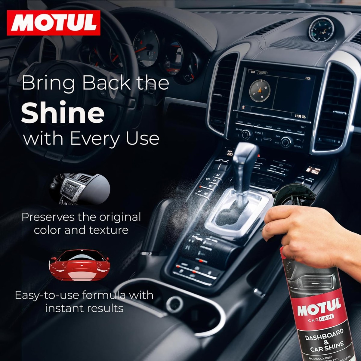 Motul Dashboard & Car Shine 500 ml|Polish for Interior Plastic, Leather, Vinyl & Rubber|Protects from UV Rays and Fading|Citrus Twist Scent